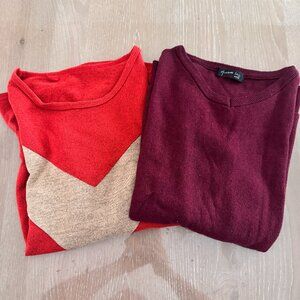 Women's 2-Pack Sweater: Burgundy Long Sleeve & Orange Tan Chevron 3/4 Sleeve